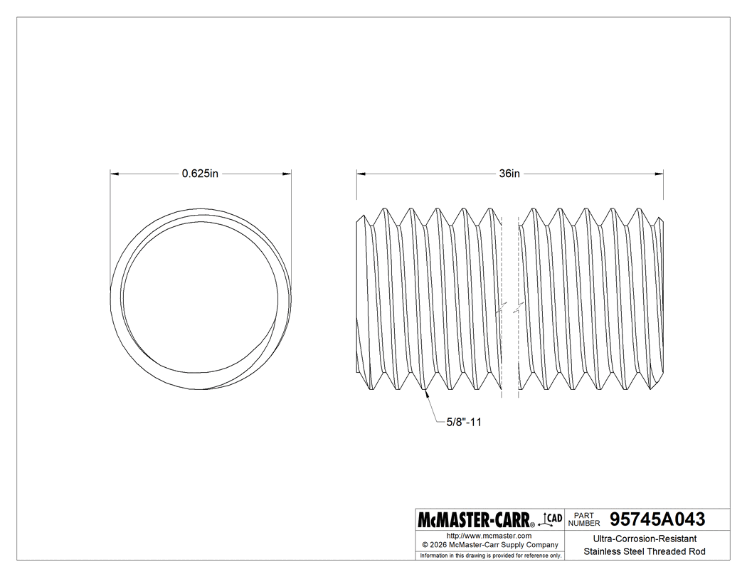 Technical Drawing of Ultra-Corrosion-Resistant Stainless Steel Threaded Rod, 5/8"-11 Thread Size, 3 Feet Long.